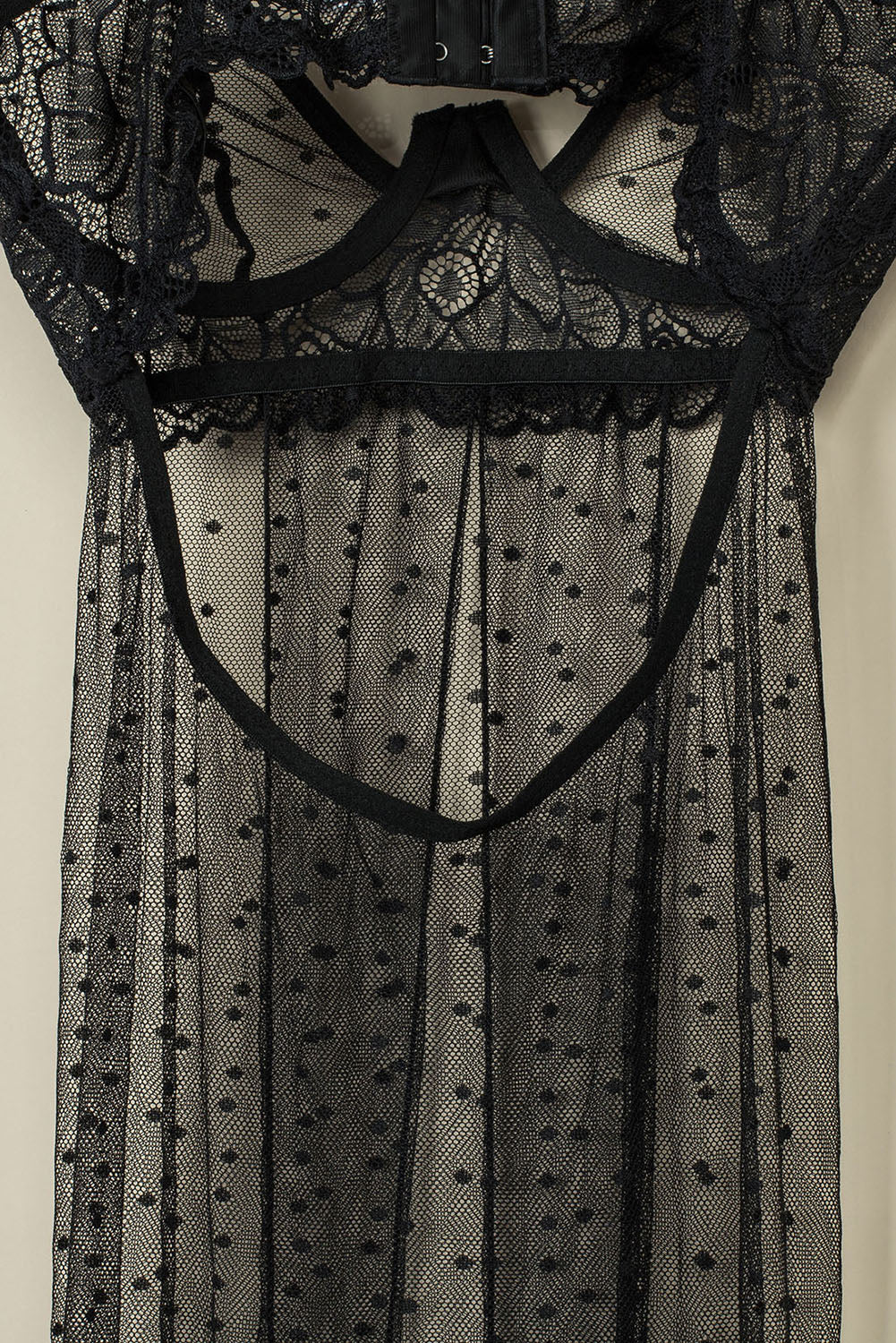 Black Sheer Lace Double Splits Maxi Gown with Thong Lingerie Set
