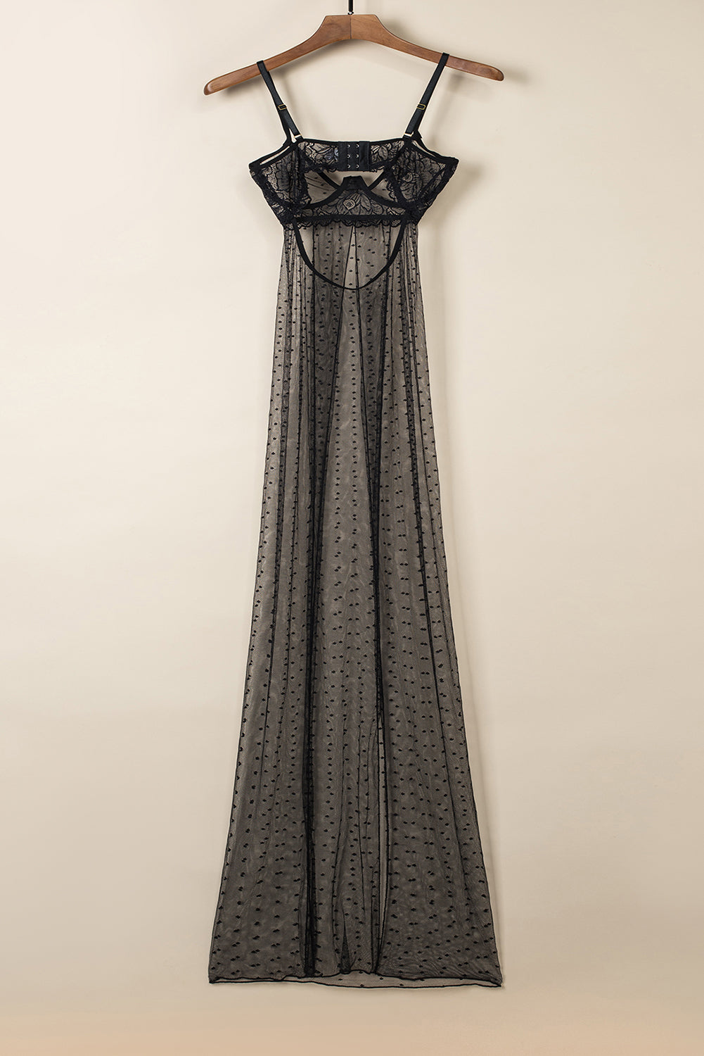 Black Sheer Lace Double Splits Maxi Gown with Thong Lingerie Set