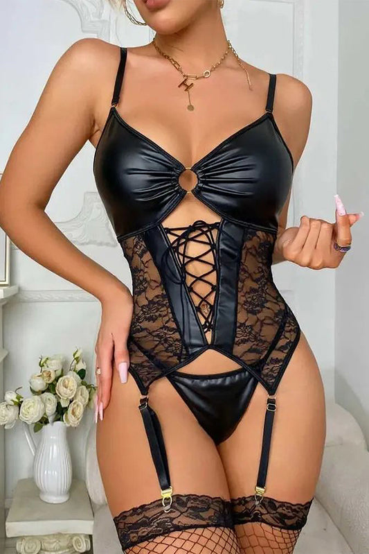 Black Leather Lace Up Sheer Splicing Teddy Lingerie with Thong